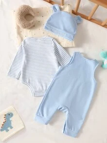 SHEIN 新生男嬰綠色條紋長袖連身衣，附字母刺繡無袖連身衣與帽子，可愛秋季假期白色舒適面料 - 淺藍色 - 查看 3