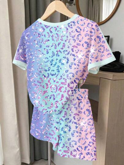 Shiny Rainbow Leopard Print Tween Girl Casual Minimalist Short Sleeve & Shorts 2-Piece Set, Suitable For Summer Daily, Chic Summer, Sports, Campus, Vacay Vibes, Homecoming