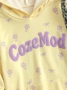 SHEIN 青少年女孩保暖內裡淺黃色連帽衛衣，身上散布小花與蝴蝶結圖案，長袖，秋季服飾，萬聖節，校園 - 黃色 - 查看 6