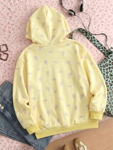 SHEIN 青少年女孩保暖內裡淺黃色連帽衛衣，身上散布小花與蝴蝶結圖案，長袖，秋季服飾，萬聖節，校園 - 黃色 - 查看 2