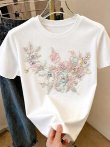 Franclia 大尺碼夏季休閒珠飾刺繡圓領短袖T恤 - 白色 - 查看 3