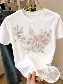 Franclia 大尺碼夏季休閒珠飾刺繡圓領短袖T恤 - 白色 - 查看 1