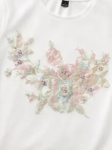 Franclia 大尺碼夏季休閒珠飾刺繡圓領短袖T恤 - 白色 - 查看 5