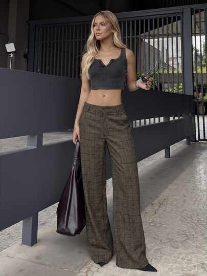 BiaLiraa 1pc Women's Casual, Daily, Outdoor, Commute Plaid Low Waist Loose Pants, Daily Wear, Casual, Minimalist, Retro Fall Cloth For Women