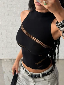 Jeanoix Women's Sexy Hot Girl Style Black Mesh Hollow Out Sleeveless Tank Top - Black - View 5