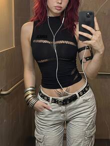 Jeanoix Women's Sexy Hot Girl Style Black Mesh Hollow Out Sleeveless Tank Top - Black - View 7