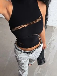 Jeanoix Women's Sexy Hot Girl Style Black Mesh Hollow Out Sleeveless Tank Top - Black - View 4