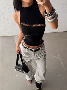 Jeanoix Women's Sexy Hot Girl Style Black Mesh Hollow Out Sleeveless Tank Top - Black - View 6