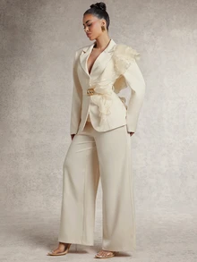 Silquee Women's Solid Color Lapel Neck Long Sleeve Patchwork Ruffle Trim Jacket And Wide Leg Pants Elegant Suit Set - Baby Pink - View 6