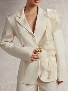 Silquee Women's Solid Color Lapel Neck Long Sleeve Patchwork Ruffle Trim Jacket And Wide Leg Pants Elegant Suit Set - Baby Pink - View 7