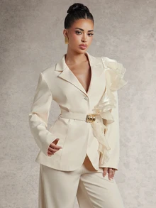Silquee Women's Solid Color Lapel Neck Long Sleeve Patchwork Ruffle Trim Jacket And Wide Leg Pants Elegant Suit Set - Baby Pink - View 4