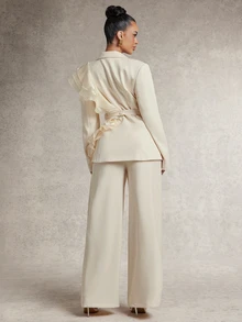 Silquee Women's Solid Color Lapel Neck Long Sleeve Patchwork Ruffle Trim Jacket And Wide Leg Pants Elegant Suit Set - Baby Pink - View 2