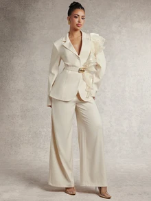 Silquee Women's Solid Color Lapel Neck Long Sleeve Patchwork Ruffle Trim Jacket And Wide Leg Pants Elegant Suit Set - Baby Pink - View 5
