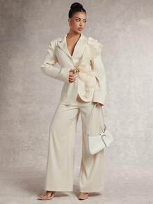 Silquee Women's Solid Color Lapel Neck Long Sleeve Patchwork Ruffle Trim Jacket And Wide Leg Pants Elegant Suit Set - Baby Pink - View 3