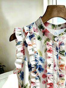 SHEIN Women's Floral Print Single-Breasted Frill Trim Vacation Shirt - Apricot - View 5