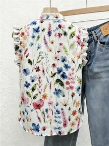 SHEIN Women's Floral Print Single-Breasted Frill Trim Vacation Shirt - Apricot - View 2