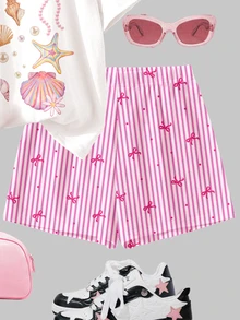2pcs/Set Teen Girl Green And White,Summer,Cute,Matching,Family Vacation,Holiday ""Salty Soul"" Starfish Shell Bow Graphic T-Shirt And Shorts Outfit Set - Multicolor - View 4