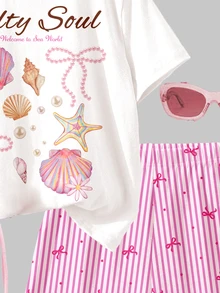 2pcs/Set Teen Girl Green And White,Summer,Cute,Matching,Family Vacation,Holiday ""Salty Soul"" Starfish Shell Bow Graphic T-Shirt And Shorts Outfit Set - Multicolor - View 5