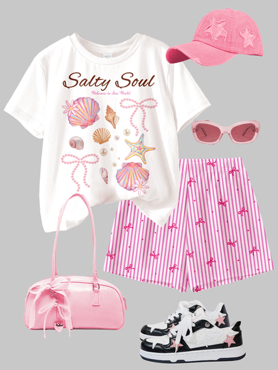2pcs/Set Teen Girl Green And White,Summer,Cute,Matching,Family Vacation,Holiday ""Salty Soul"" Starfish Shell Bow Graphic T-Shirt And Shorts Outfit Set