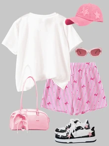 2pcs/Set Teen Girl Green And White,Summer,Cute,Matching,Family Vacation,Holiday ""Salty Soul"" Starfish Shell Bow Graphic T-Shirt And Shorts Outfit Set - Multicolor - View 6