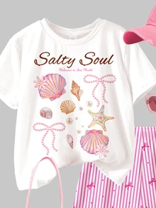 2pcs/Set Teen Girl Green And White,Summer,Cute,Matching,Family Vacation,Holiday ""Salty Soul"" Starfish Shell Bow Graphic T-Shirt And Shorts Outfit Set - Multicolor - View 3