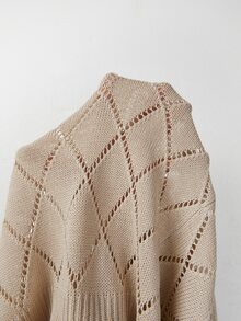 SHEIN New 2026 Women's Peach Pink Diamond Openwork Knit Cardigan With V Neck Pearl Buttons Brunch Deep Autumn French - Apricot - View 4