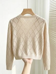 SHEIN New 2026 Women's Peach Pink Diamond Openwork Knit Cardigan With V Neck Pearl Buttons Brunch Deep Autumn French - Apricot - View 2