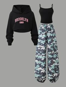 SHEIN Sparklyn 3件組女童迷彩圖案運動衫上衣與吊帶背心，搭配迷彩休閒錐形長褲，適合春秋日常穿著 - 綠色 - 查看 9