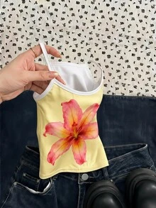Tween女孩休閒極簡細肩帶修身背心上衣 花卉印花 夏季開學校園上衣 - 彩色 - 查看 3