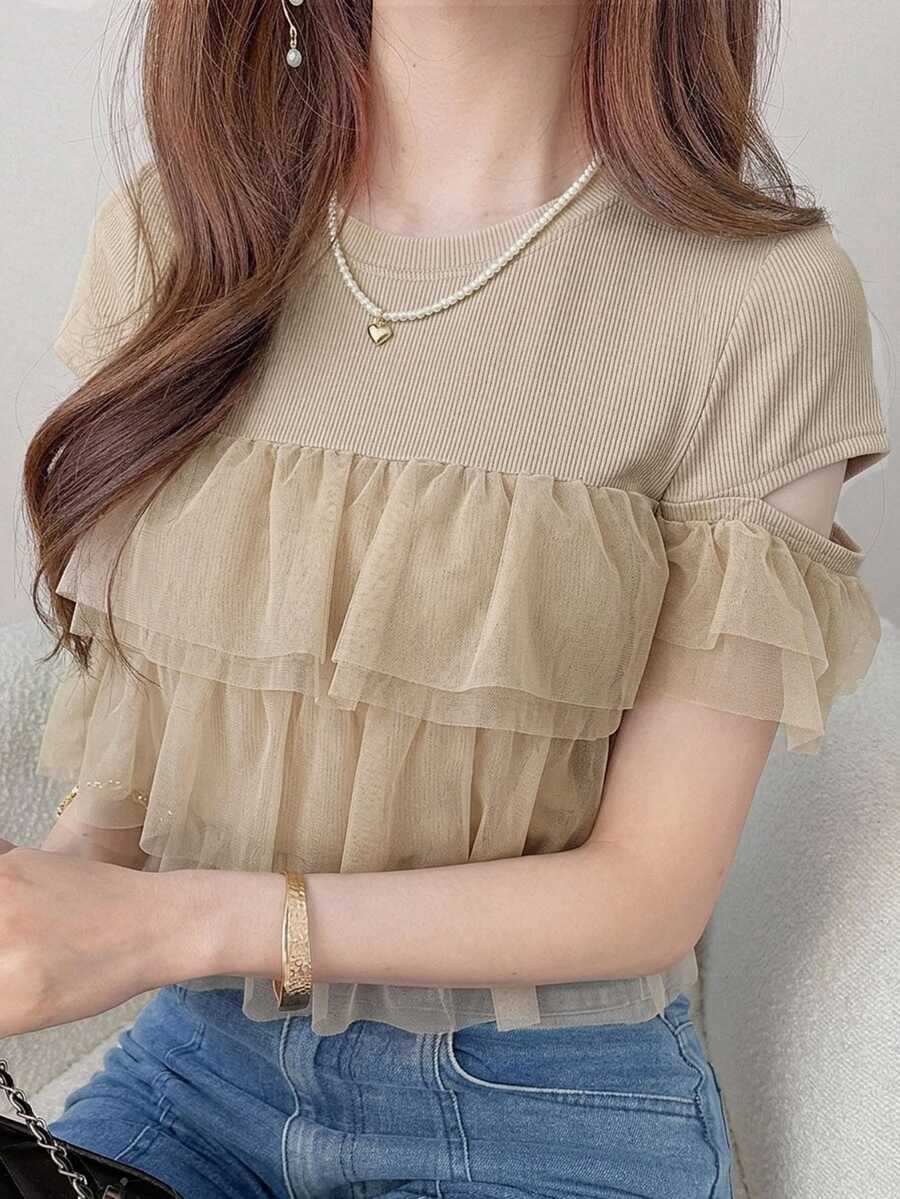 FRIFUL 女款圓領網布拼接休閒百搭日常穿著T恤 - 卡其色 - 查看 1