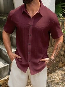 VENTUSAIL 男士純色休閒襯衫 短袖襯衫外套 白色時尚襯衫 夏威夷度假海灘襯衫 - 酒紅色 - 查看 6