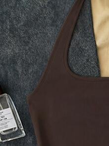 Tween Girls Brown Basic Long Casual Halter Neck Top, Suitable For Summer, Slim Fit Tank Top - Coffee Brown - View 3