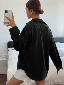 DAZY 女款純色休閒百搭寬鬆長袖翻領口袋襯衫，春夏款 - 黑色 - 查看 2