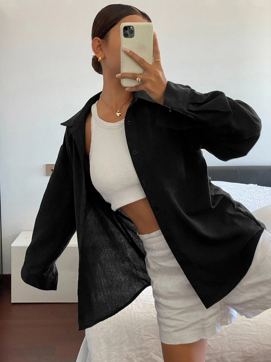 DAZY Solid Color Casual Versatile Loose Long Sleeve Collared Pocket Women's Shirt, Spring/Summer - Black - View 1