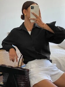 DAZY 女款純色休閒百搭寬鬆長袖翻領口袋襯衫，春夏款 - 黑色 - 查看 5