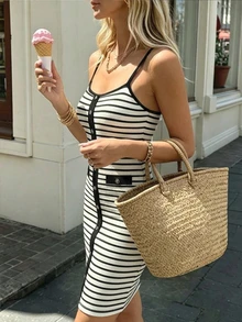 GlowEve Women's Black And White Striped Button Design Casual Sexy Spaghetti Strap Mini Dress Brunch Night Out Summer - Multicolor - View 6