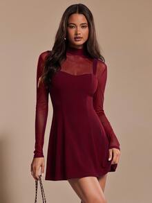 SHEIN BAE CURVE 大尺碼女款紅色網紗拼接洋裝 秋季 - 紅色 - 查看 6
