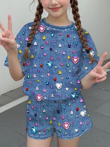 Tween女孩休閒簡約可愛甜美波點亮面質感愛心印花，CobaltBluePop短袖上衣與短褲兩件套，適合夏季，舒適春夏風格，圖案設計，Kawaii - 彩色 - 查看 2