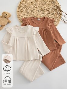 SHEIN Baby Girl 0-3 Years 4-Piece Set Spring/Autumn Round Neck Lace Long Sleeve Soft Ribbed Fabric Beige And Brown Top With Pants Solid Color Knit Ribbed Set Simple Sweet Cute Suitable For Indoor And Outdoor Activities - Multicolor - View 4