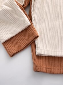 SHEIN Baby Girl 0-3 Years 4-Piece Set Spring/Autumn Round Neck Lace Long Sleeve Soft Ribbed Fabric Beige And Brown Top With Pants Solid Color Knit Ribbed Set Simple Sweet Cute Suitable For Indoor And Outdoor Activities - Multicolor - View 8
