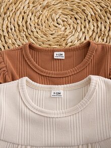 SHEIN Baby Girl 0-3 Years 4-Piece Set Spring/Autumn Round Neck Lace Long Sleeve Soft Ribbed Fabric Beige And Brown Top With Pants Solid Color Knit Ribbed Set Simple Sweet Cute Suitable For Indoor And Outdoor Activities - Multicolor - View 6