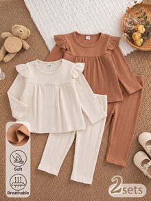 SHEIN Baby Girl 0-3 Years 4-Piece Set Spring/Autumn Round Neck Lace Long Sleeve Soft Ribbed Fabric Beige And Brown Top With Pants Solid Color Knit Ribbed Set Simple Sweet Cute Suitable For Indoor And Outdoor Activities - Multicolor - View 2