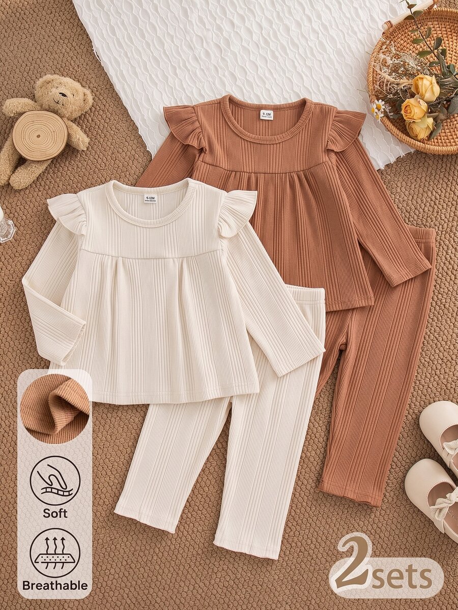 SHEIN Baby Girl 0-3 Years 4-Piece Set Spring/Autumn Round Neck Lace Long Sleeve Soft Ribbed Fabric Beige And Brown Top With Pants Solid Color Knit Ribbed Set Simple Sweet Cute Suitable For Indoor And Outdoor Activities