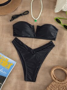Swim Chiccia 女款優雅黑色夏季兩件式比基尼套裝，V型鋼圈平胸式上衣與高衩性感三角褲，亮面緞面布料，適合海灘派對、度假穿搭 - 黑色 - 查看 2