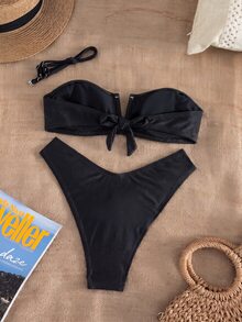 Swim Chiccia 女款優雅黑色夏季兩件式比基尼套裝，V型鋼圈平胸式上衣與高衩性感三角褲，亮面緞面布料，適合海灘派對、度假穿搭 - 黑色 - 查看 5