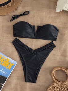 Swim Chiccia 女款優雅黑色夏季兩件式比基尼套裝，V型鋼圈平胸式上衣與高衩性感三角褲，亮面緞面布料，適合海灘派對、度假穿搭 - 黑色 - 查看 4