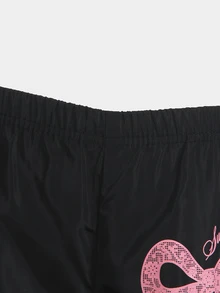 SHEIN 女童甜酷韓系黑色寬腿休閒長褲，粉色蕾絲蝴蝶結字母印花鬆緊腰兒童運動長褲，輕量平滑抗皺面料寬鬆直筒褲，適合日常上學、戶外出遊、購物、散步，百搭女童休閒工裝褲 - 黑色 - 查看 7