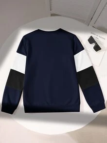 SHEIN 青少年男孩休閒圓領長袖拼色拼接袖衛衣，寬鬆版型，適合春夏秋冬，大學風 - 藏蓝色 - 查看 6