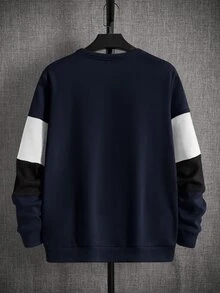 SHEIN 青少年男孩休閒圓領長袖拼色拼接袖衛衣，寬鬆版型，適合春夏秋冬，大學風 - 藏蓝色 - 查看 2