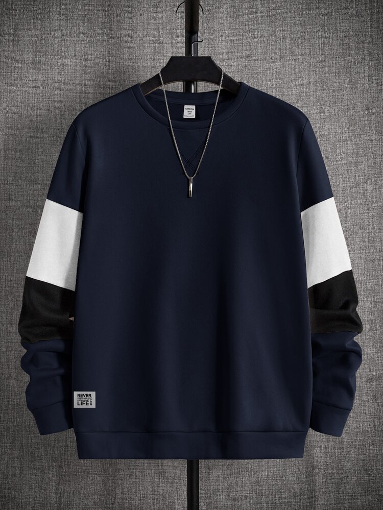 SHEIN Teen Boys Casual Crew Neck Long Sleeve Colorblock Patchwork Sleeve Sweatshirt, Loose Fit, Suitable For Spring, Summer, Autumn, Winter, College Style - Navy Blue - View 1